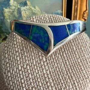 Vintage Mexican Sterling Silver Hinged Clamper Bracelet Azurite & Lapis Inlay 92